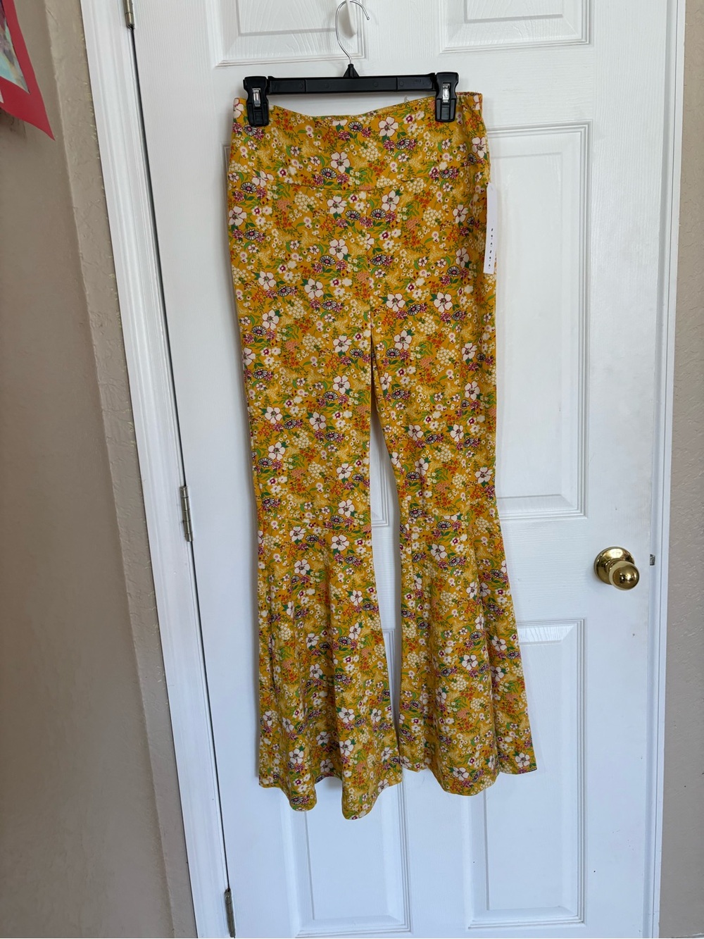 Shosho XL Mustard Floral Bell Bottom Flare Pants Boho NWT